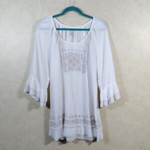 04178 FINAL PRICE Monoreno white w/tan & gray embroidery ruffle mini dress S